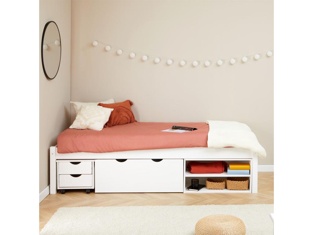 Lit fonctionnel Chezlova lit simple 90x190 cm pour enfant 1 table de chevet sur Chezlova 1 grand tiroir et 2 ¨¦tag¨¨re en pin blanc PUHP10234